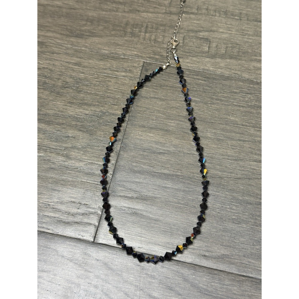 Black Iridescent Beaded faceted bead strand Aurora Crystal Necklace Sterling 925